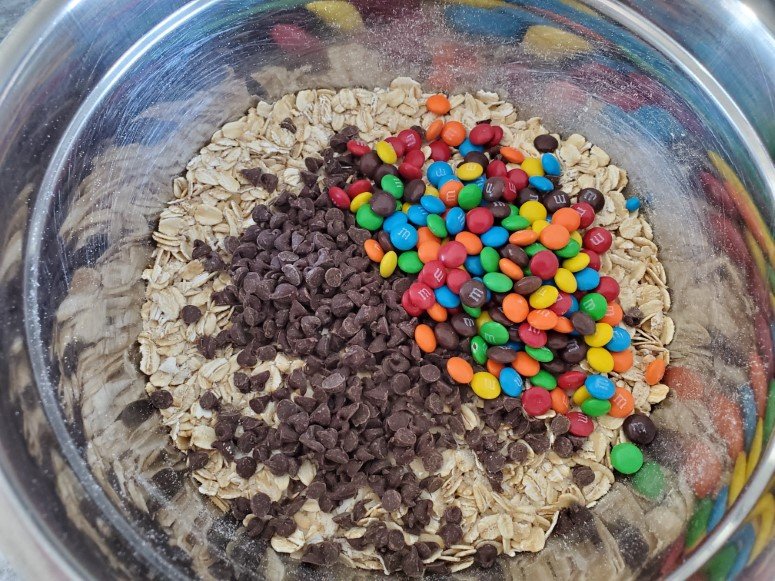 Add Chocolate Chips and M&Ms